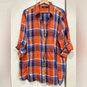 Lauren Ralph‎ Lauren Tall women's black label plaid button down shirt XL Linen
